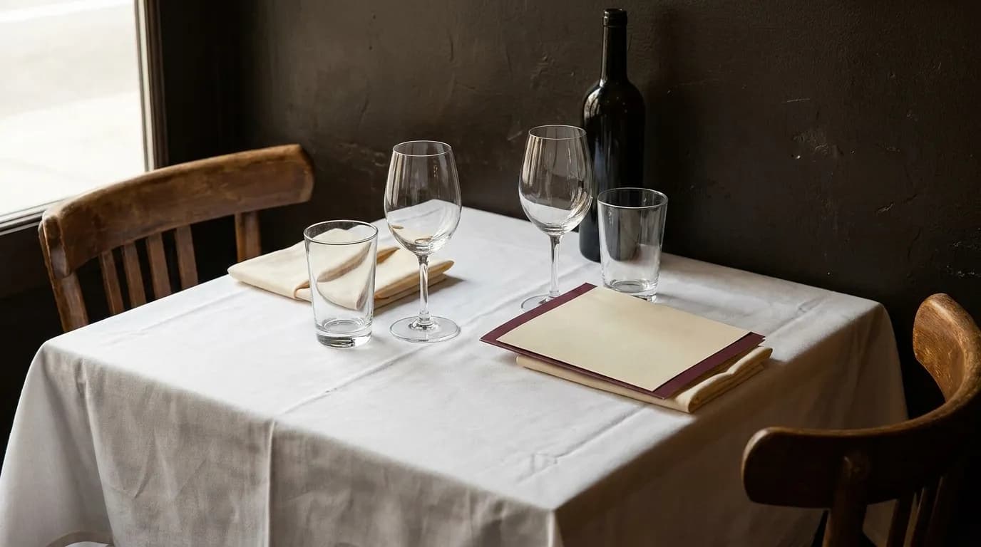 Empty restaurant table set for dinner with menu and glassware in natural afternoon light