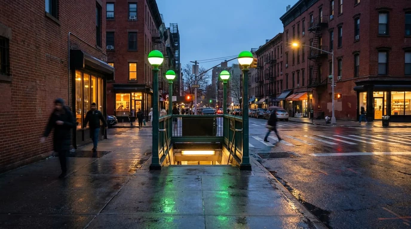 Greenpoint subway station entrance at dusk with pedestrians and streetlights