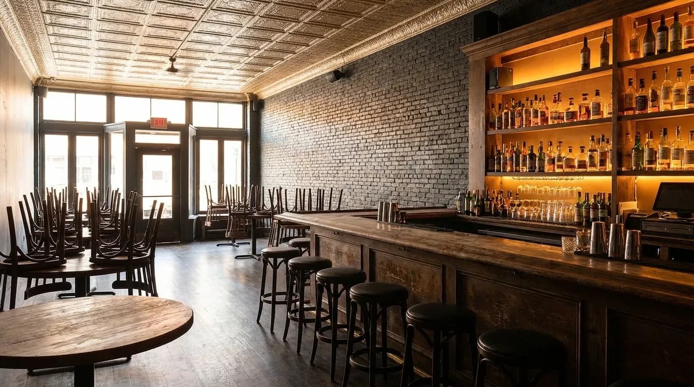 Empty Brooklyn bar interior with wooden bar and tin ceiling in afternoon light