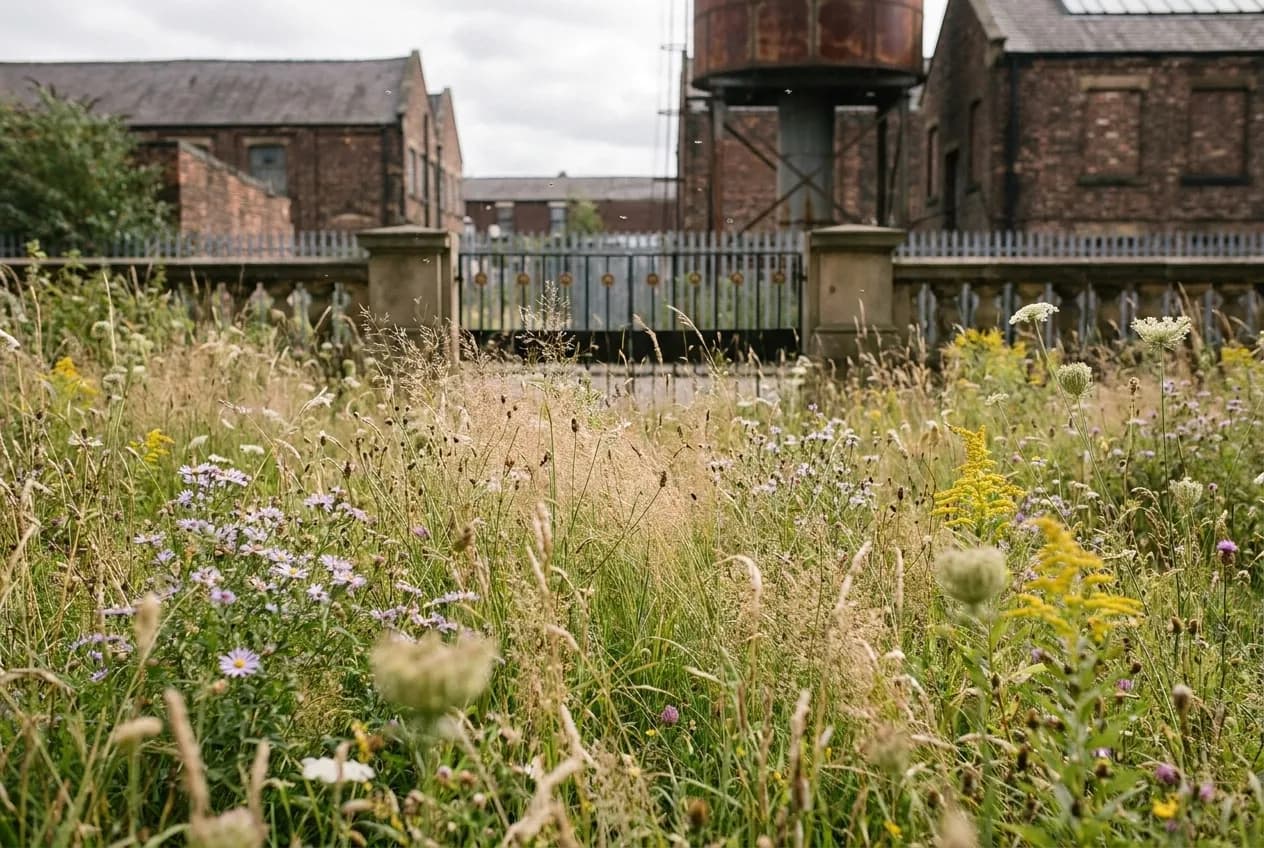 A dense meadow of tall native grasses and wildflowers enclosed by a low fence in a city