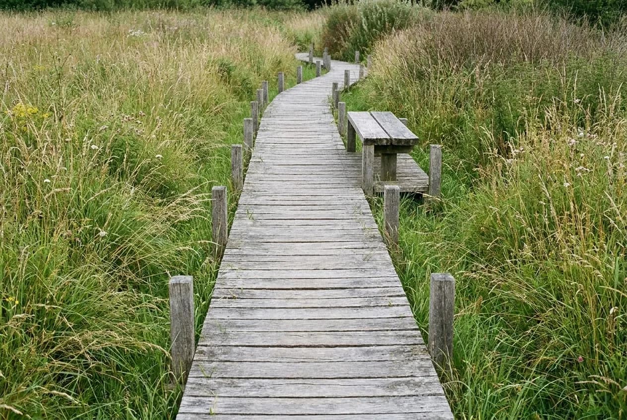 A raised wooden boardwalk curving through tall meadow grasses