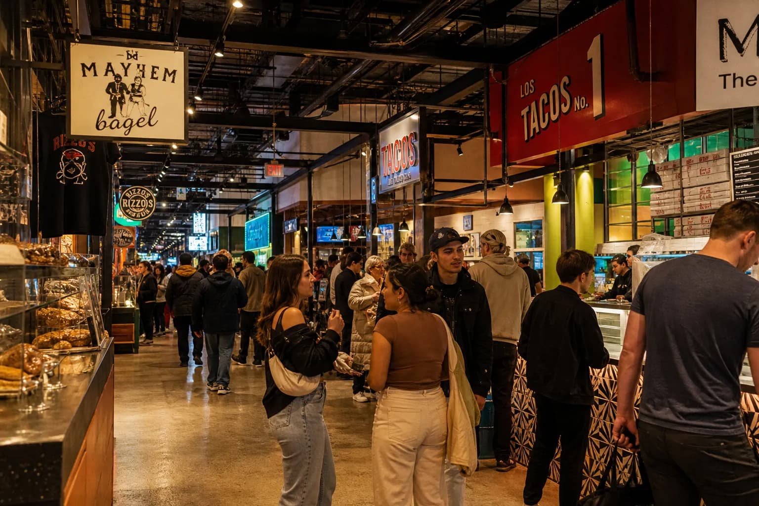 A vibrant indoor market aisle at Essex Market in New York City with people browsing artisanal food stalls.