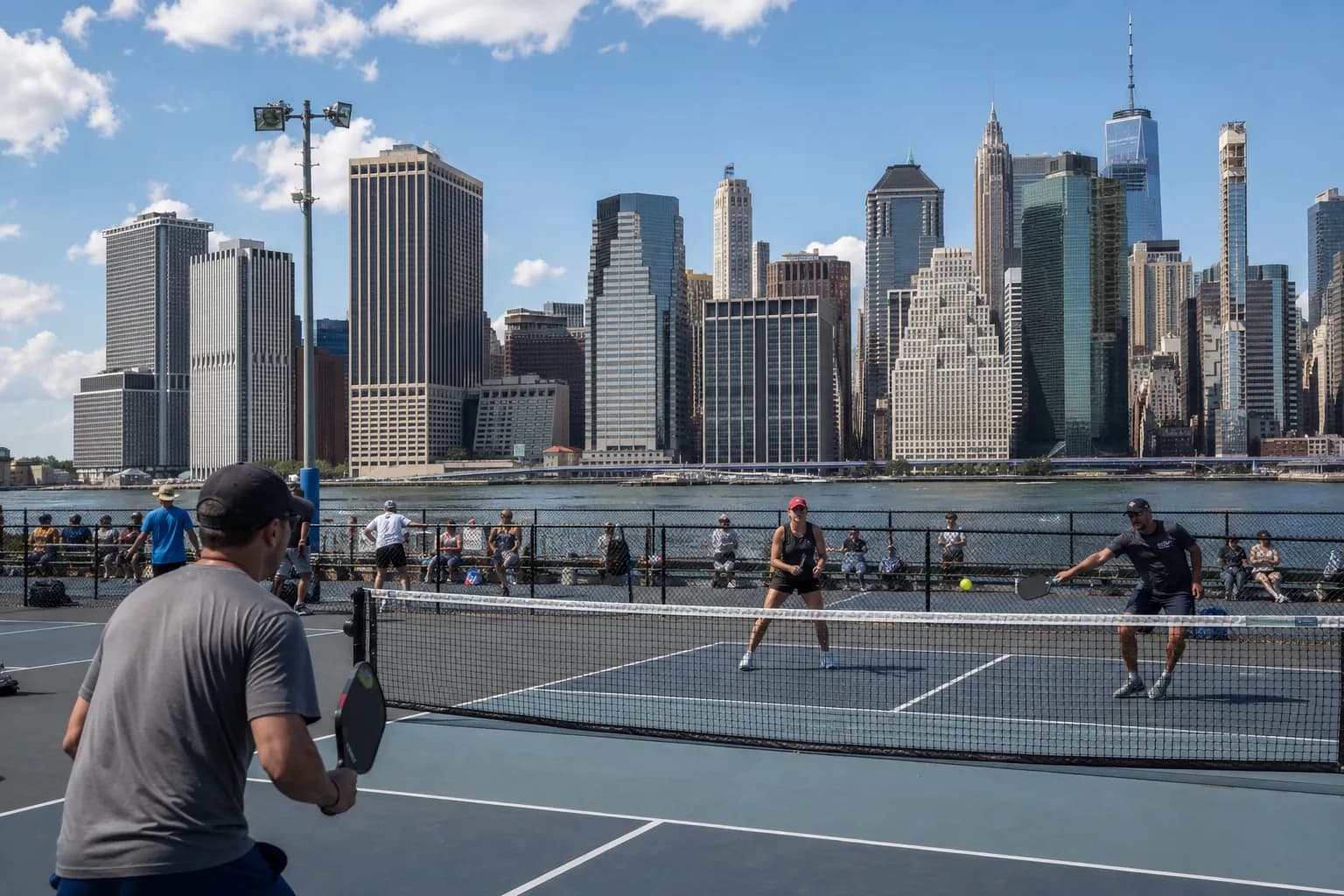 Pickleball players on outdoor courts at Pier 2 in Brooklyn Bridge Park with the Manhattan skyline in the background.