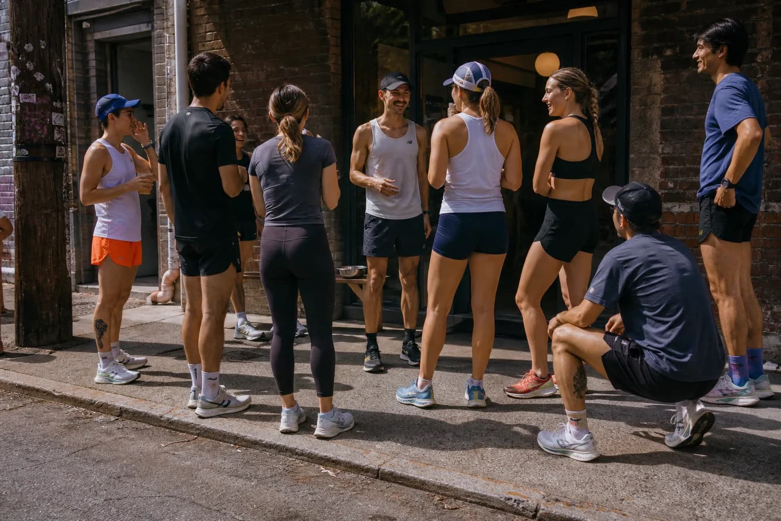 A social run club group socializing outside a Williamsburg cafe during a weekend run.