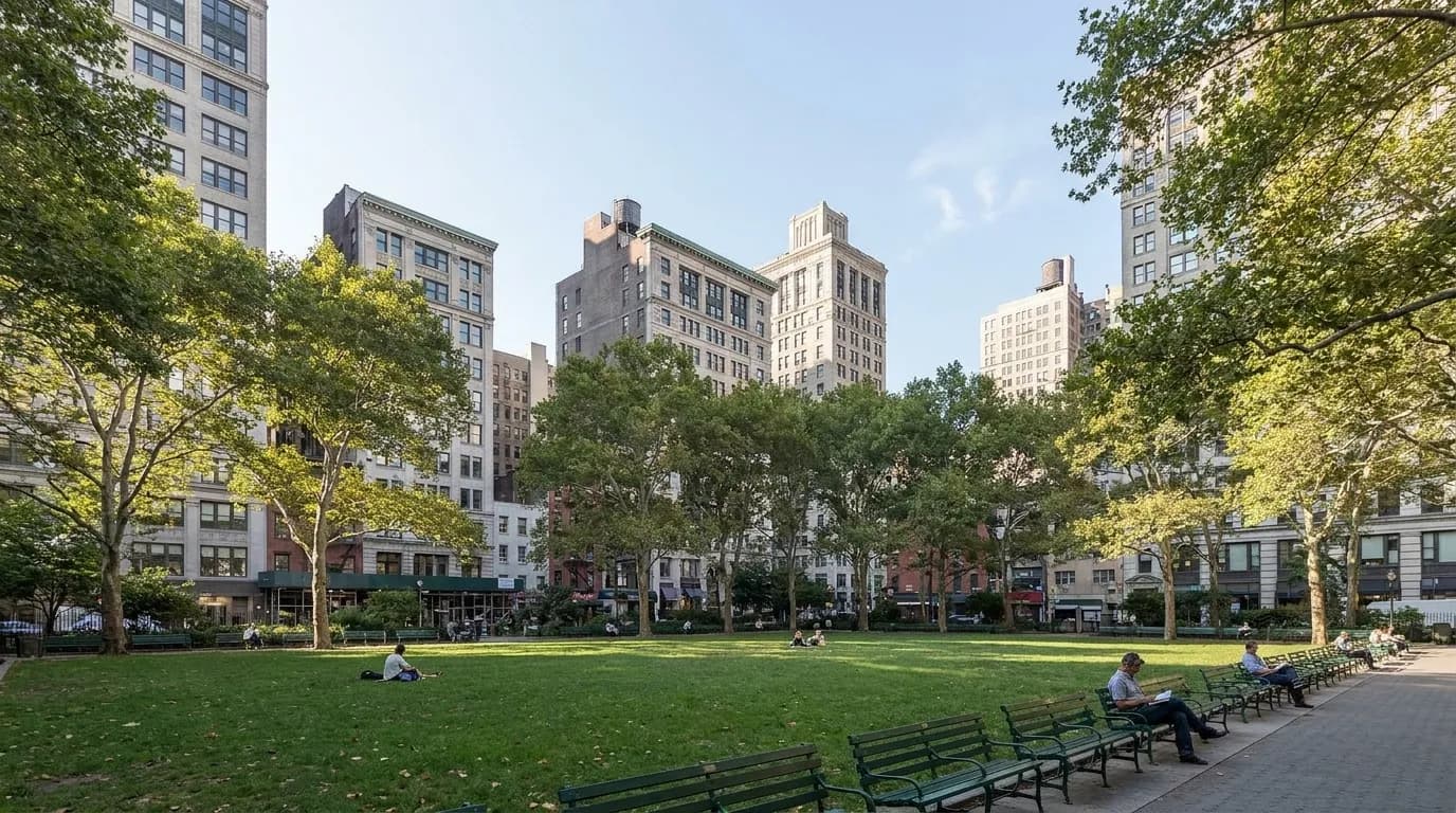 Wide view of Seward Park in the Lower East Side showing benches and trees on a weekend morning