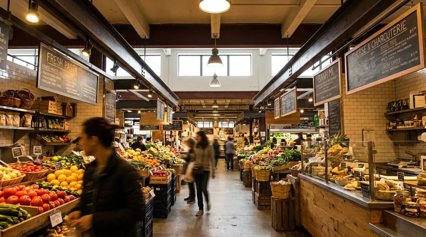 Interior view of Essex Market showing vendor stalls and seating areas in natural light