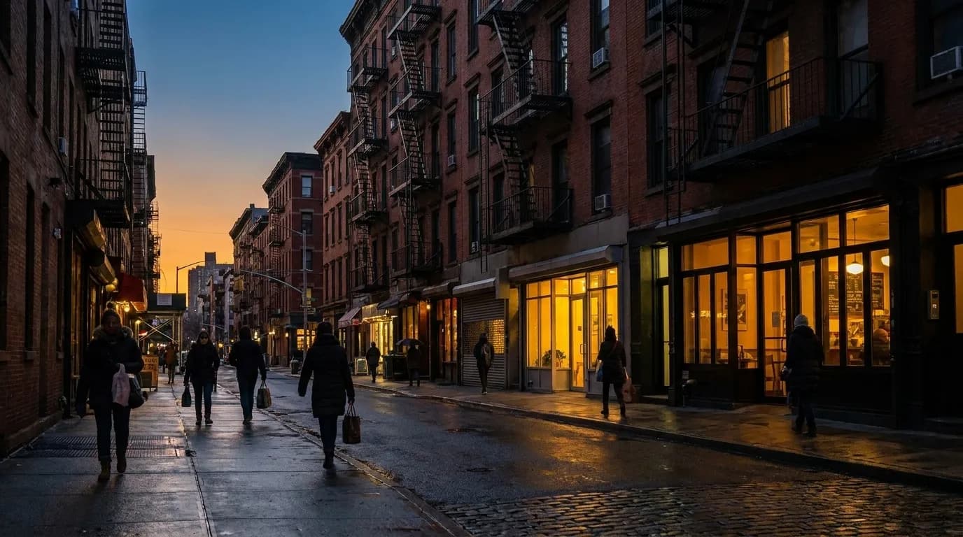 Orchard Street in the Lower East Side at dusk with lit storefronts and pedestrians