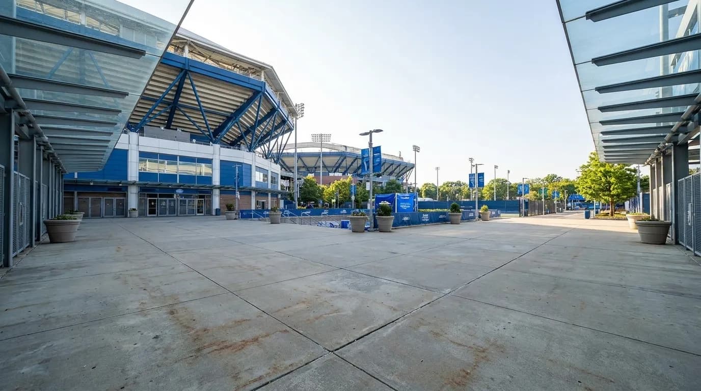 Exterior view of the USTA Billie Jean King National Tennis Center in Flushing Meadows, Queens, showing wide pedestrian plaza and stadium architecture.