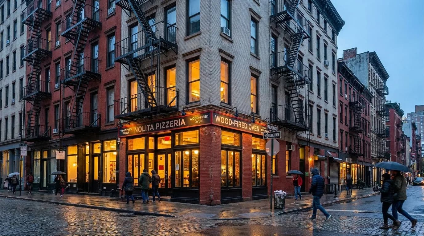 Pizzeria storefront on a Nolita corner at dusk with customers visible through lit windows