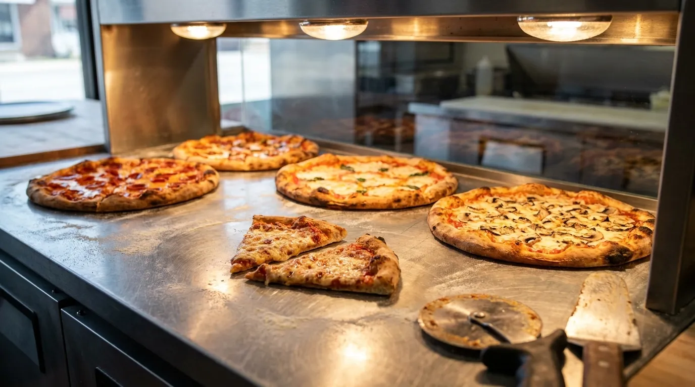 Pizza slices displayed under heat lamps on a stainless steel counter at a New York pizzeria