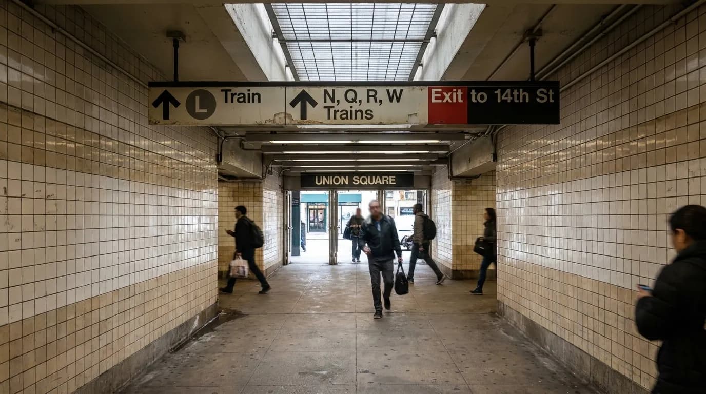 Tiled corridor inside Union Square subway station with directional signs and overhead lighting