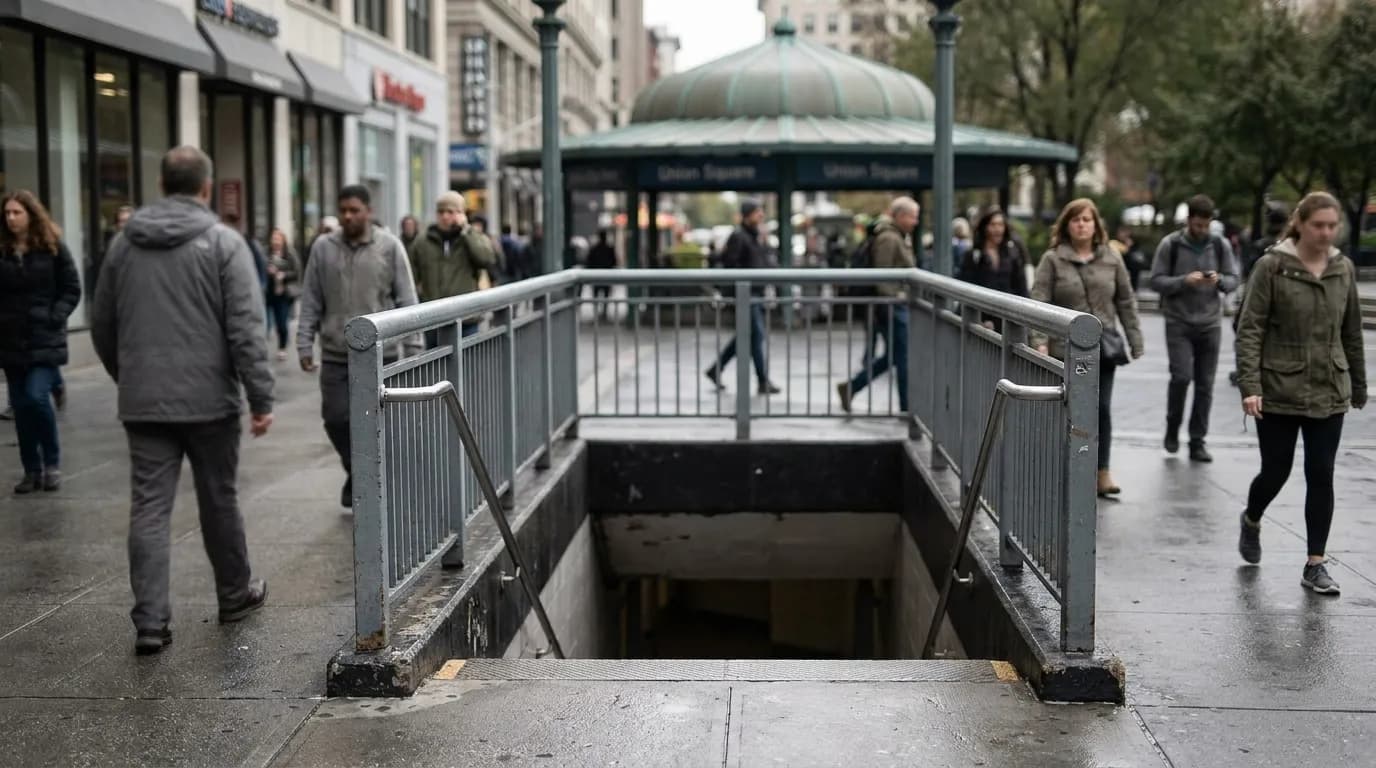 Union Square subway entrance on 14th Street with pedestrians and commercial buildings
