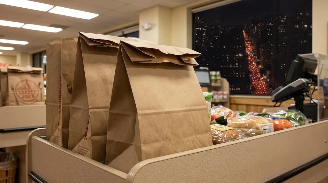 Brown paper Trader Joe's shopping bags on checkout counter with grocery items