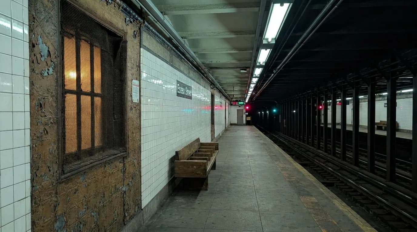 Essex Street subway platform at Delancey with tiled walls and empty track