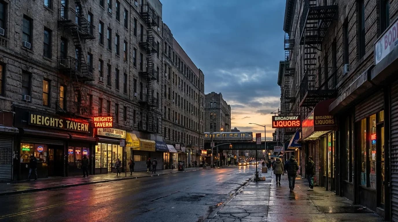 Broadway in Washington Heights at dusk with lit storefronts and apartment buildings