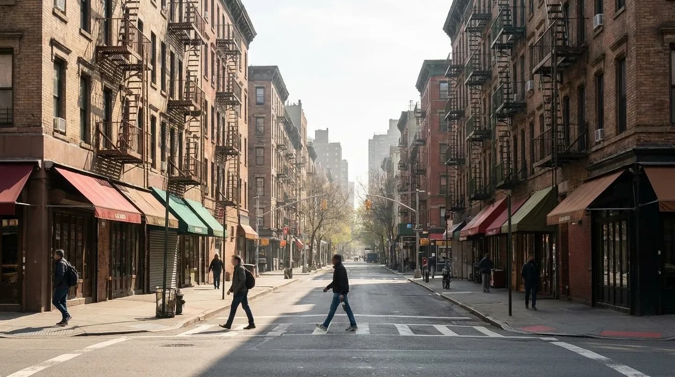 East Seventh Street in the East Village looking east from First Avenue, with brick buildings and café awnings lining the block