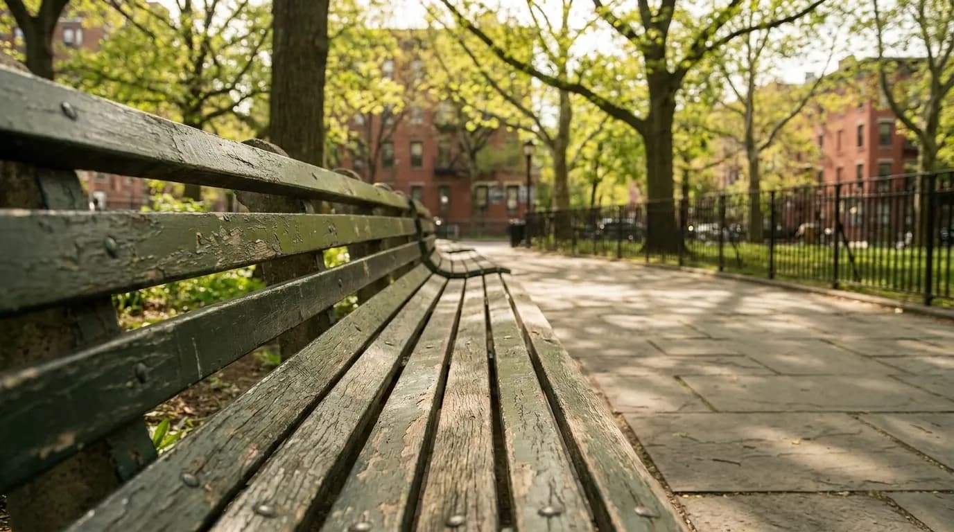 Wooden park bench on the east side of Tompkins Square Park with paved path and spring foliage