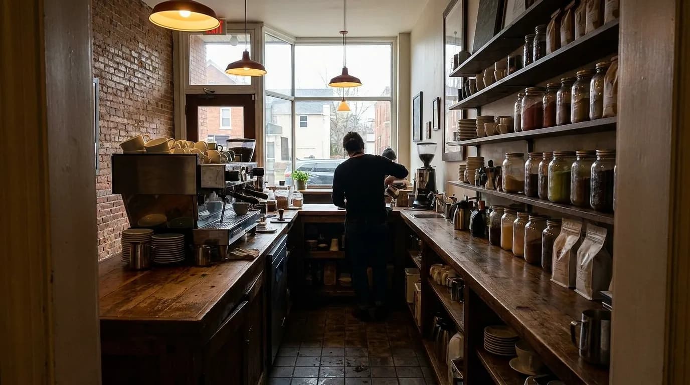 Interior of a narrow East Village café showing the counter, espresso machine, and ingredient shelves in afternoon light