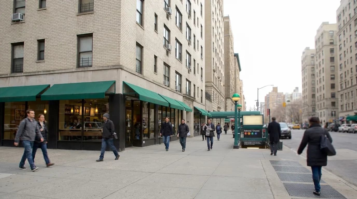 Lexington Avenue sidewalk on the Upper East Side with subway entrance and coffee shop storefronts