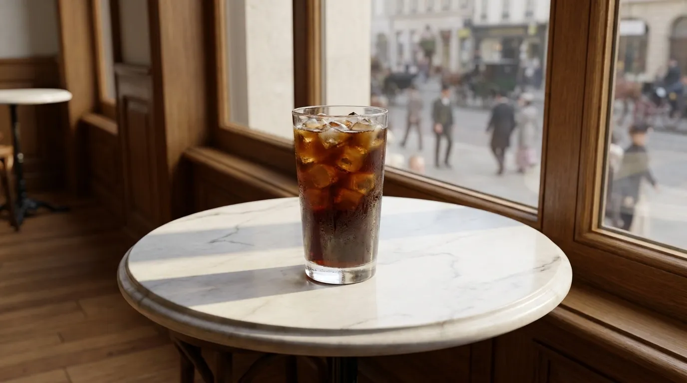 Iced coffee in a clear glass on a café table with natural window light
