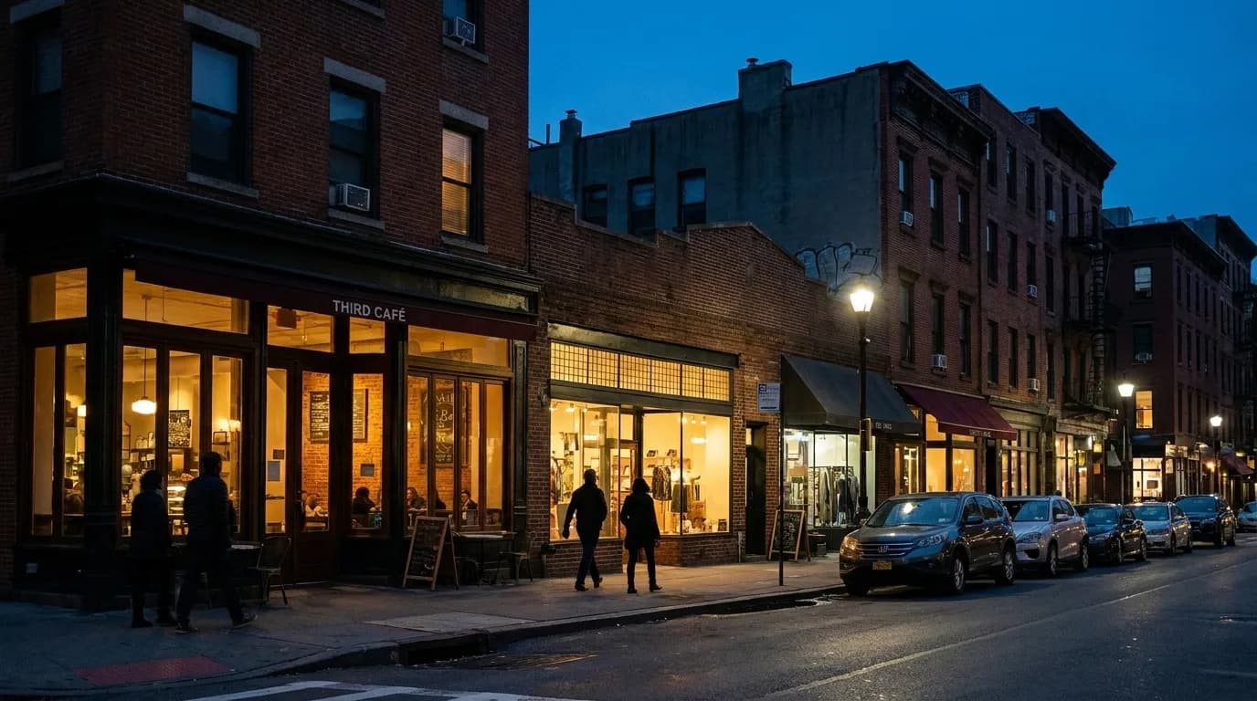 Third Avenue storefronts on the Upper East Side at dusk with café lights glowing