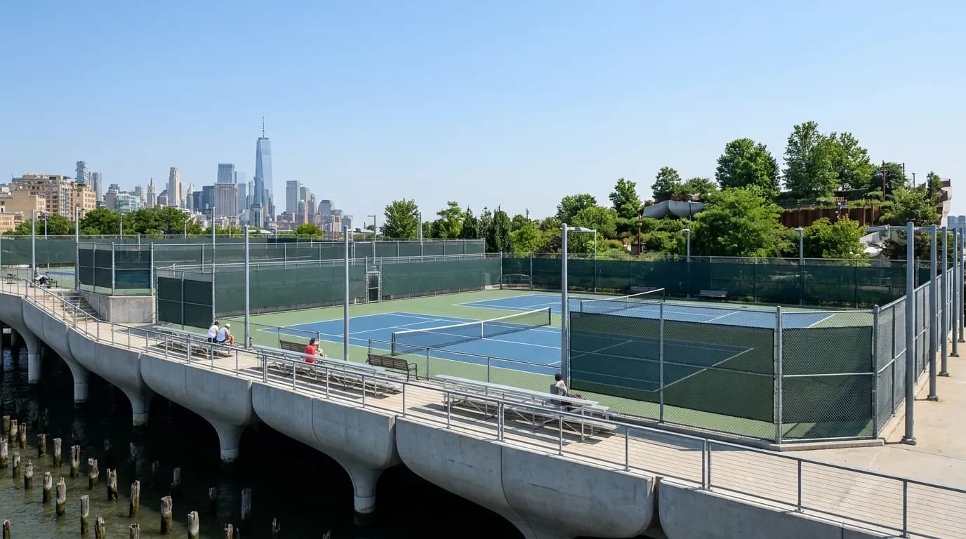 Empty practice courts at the Billie Jean King National Tennis Center in Queens with metal benches and chain-link fencing under morning sun.