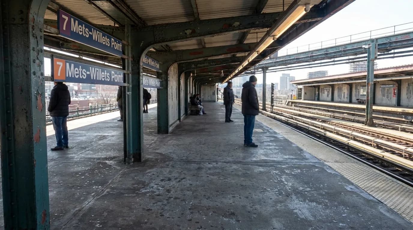 Elevated subway platform at Mets–Willets Point station with steel girders and 7 train signage in afternoon light.
