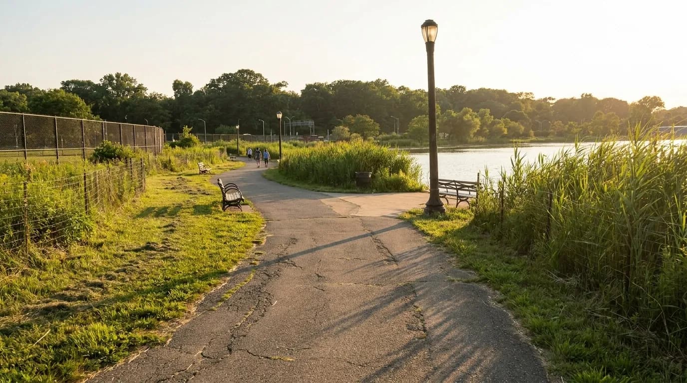 Paved pedestrian path through Flushing Meadows Corona Park in late-afternoon light with walkers in the distance and trees on the horizon.