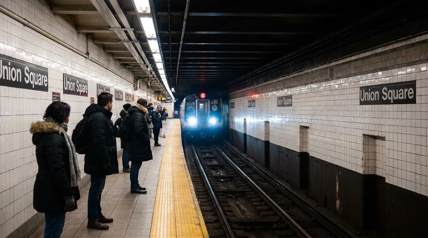 Union Square subway platform in early evening with commuters waiting for a train
