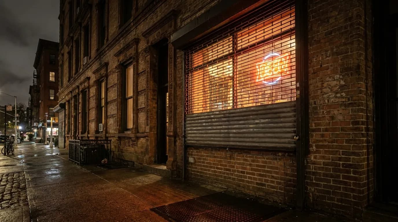 East Village bar exterior at night with neon sign and wet sidewalk reflections