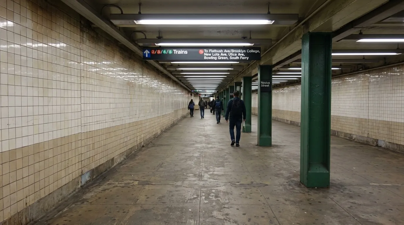 Long transfer corridor at Nevins Street subway station with directional signage