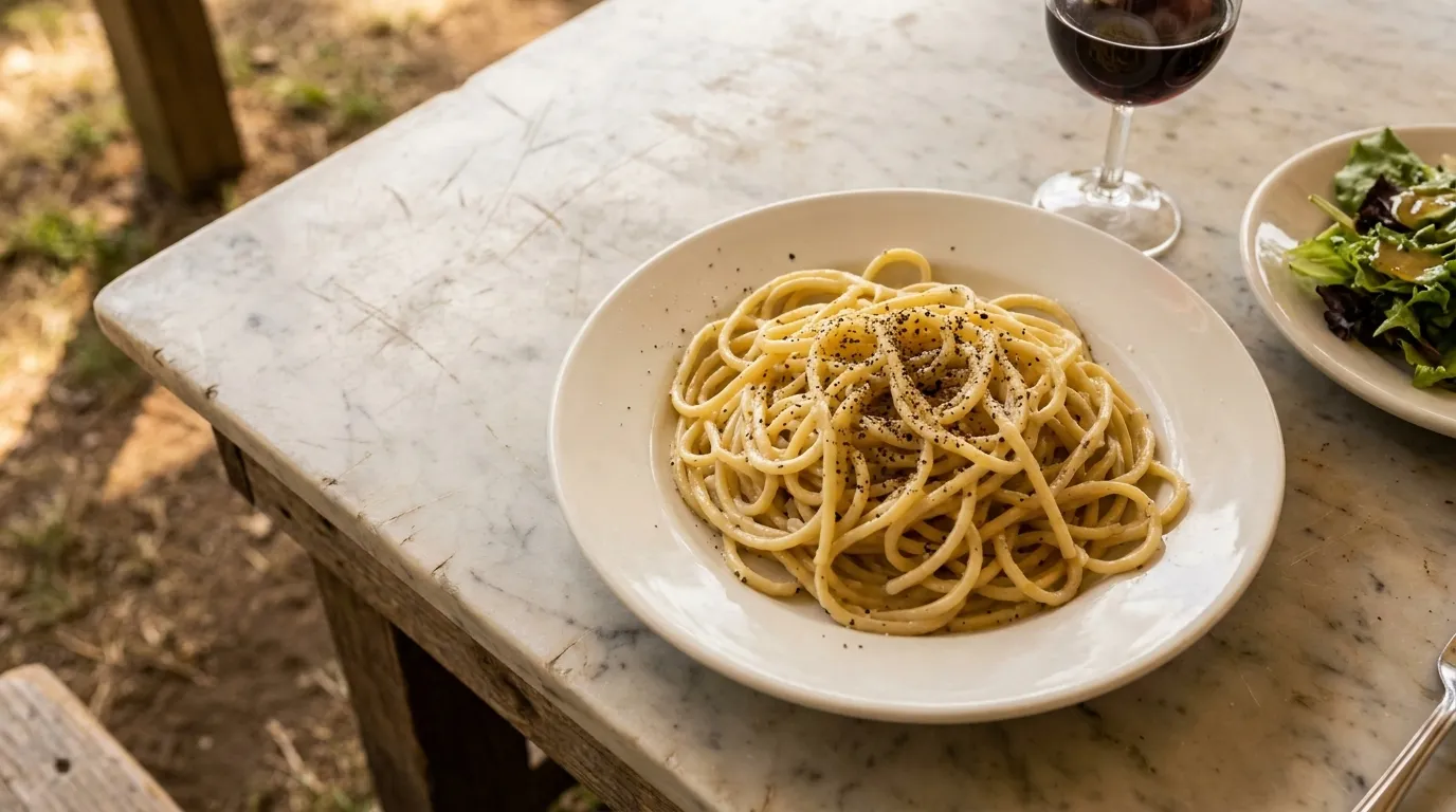 Plate of cacio e pepe pasta on a marble table with wine glass and salad in soft natural light