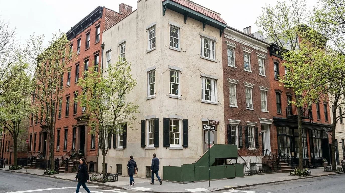 Grove and Bedford Street corner in the West Village showing brick buildings and tree-lined sidewalk