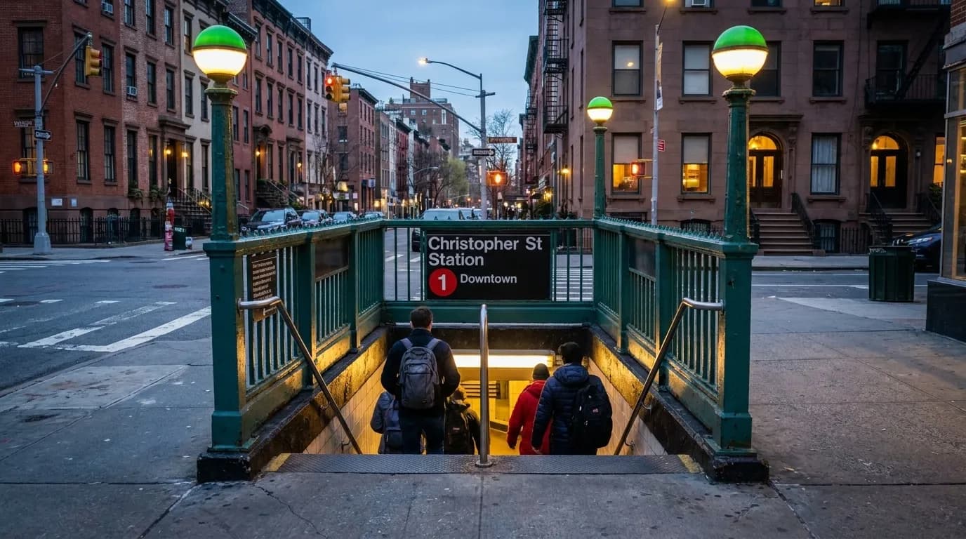 Christopher Street subway station entrance at dusk with green lamps and West Village buildings behind