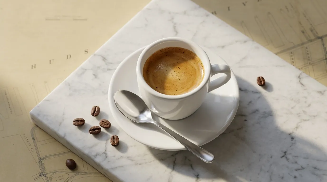 White espresso cup on marble cafe counter with natural window light and scattered coffee beans