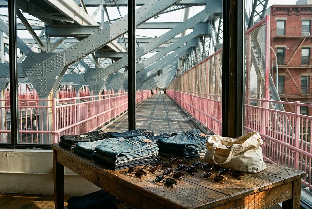Folded raw denim and vintage accessories arranged on a wooden table near a bright window in Brooklyn.