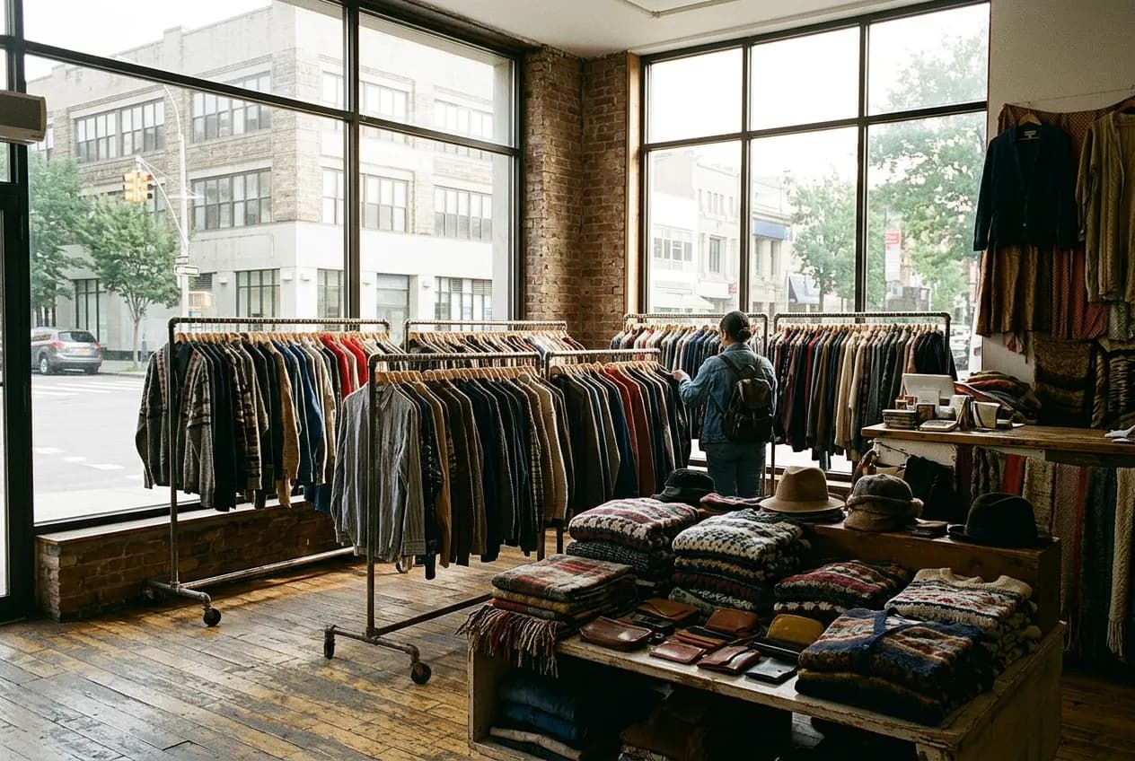 Sunlit interior of a vintage clothing shop with racks of clothing and a display table of accessories.
