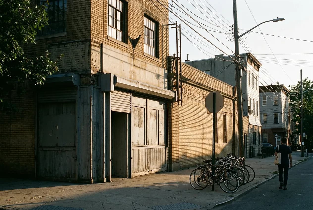 A row of parked bikes and a brick storefront on a Greenpoint street corner in late-summer light