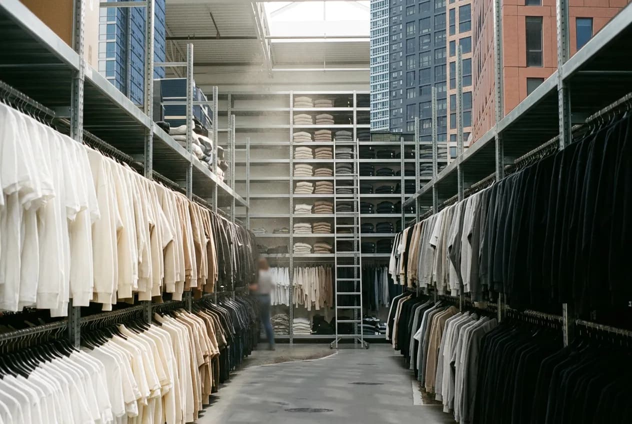 Dense racks of secondhand clothing organized by color under bright overhead lighting inside a warehouse-style store