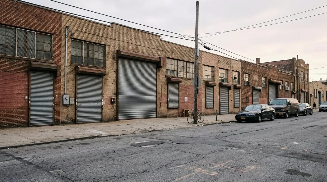 Wide view of an industrial Bushwick street with brick warehouses and metal shutters