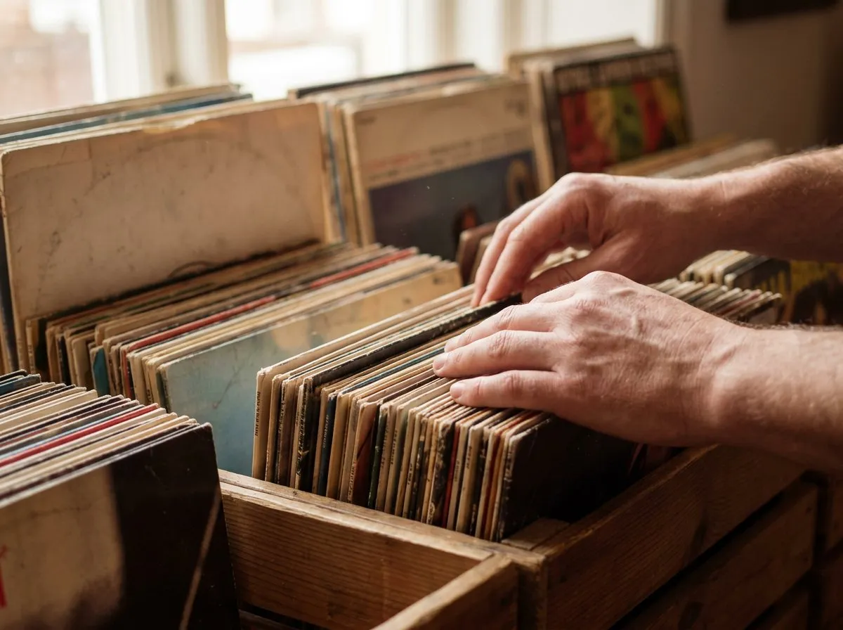 Close-up of hands flipping through a crate of used vinyl records