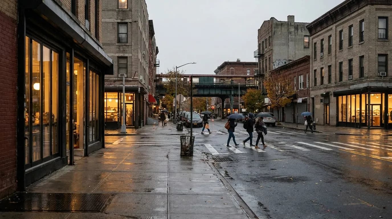 Franklin Avenue in Crown Heights at dusk with lit storefronts and pedestrians on the sidewalk
