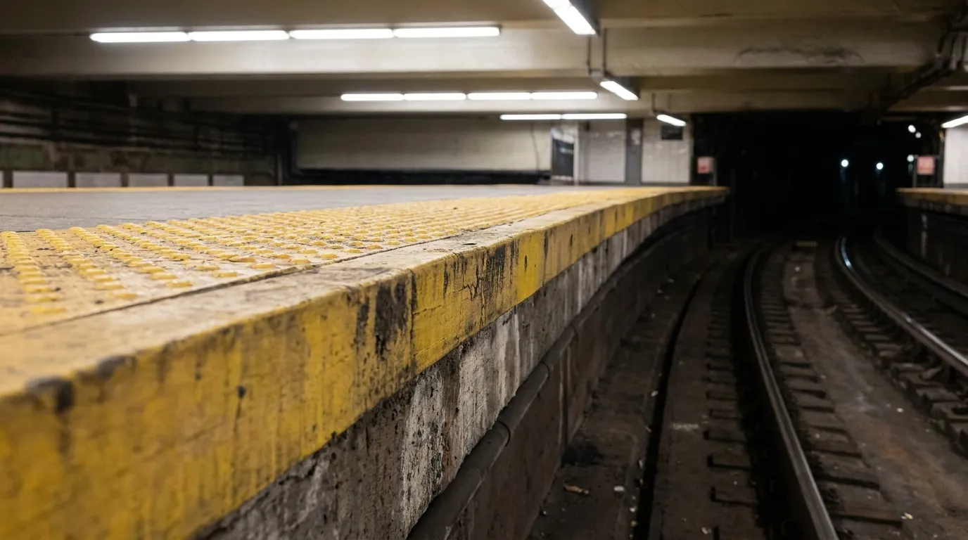 Subway platform edge with yellow warning strip and tracks at Franklin Avenue station