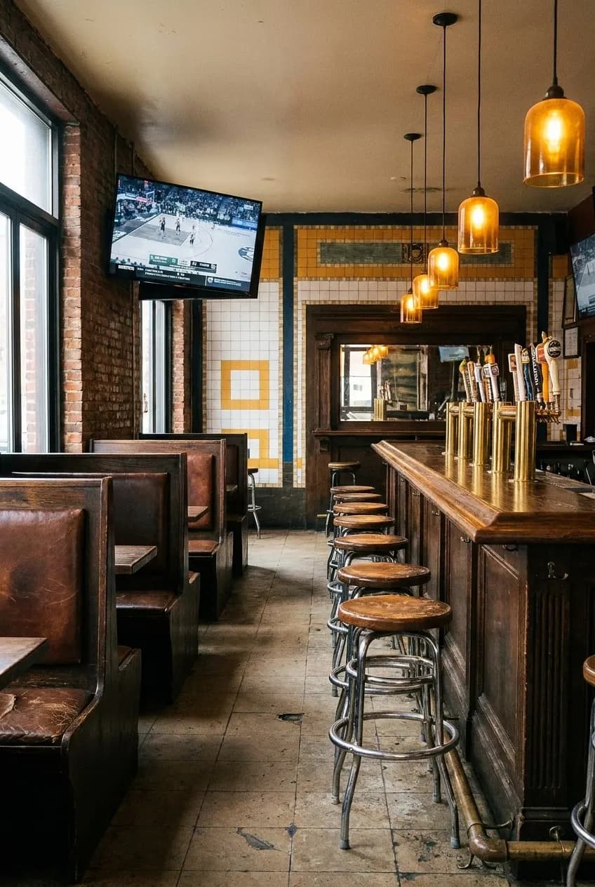 Interior of a Brooklyn bar with wood booths, bar stools, and a mounted flat-screen TV