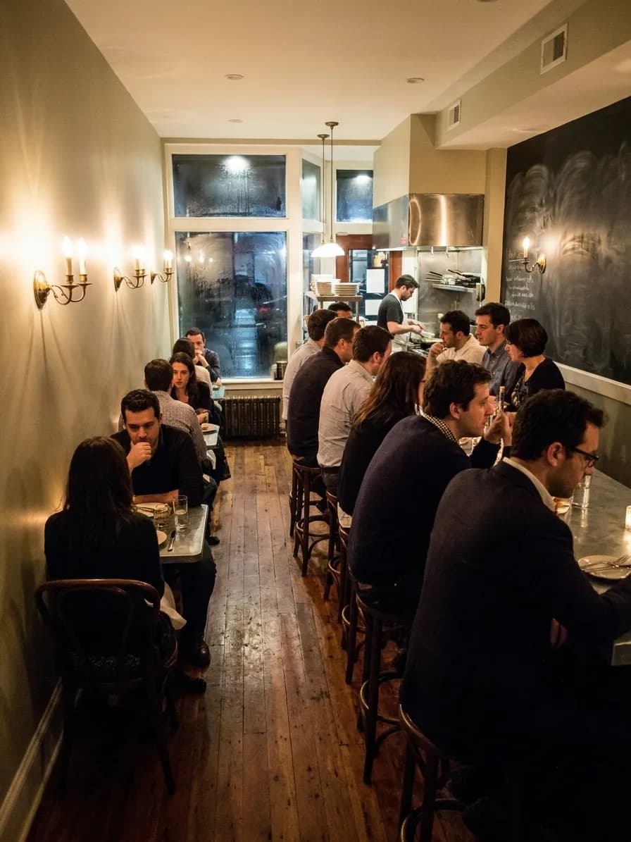 A tiny bistro interior with a short bar, three small tables and a chalkboard wall, every seat taken and the kitchen visible behind