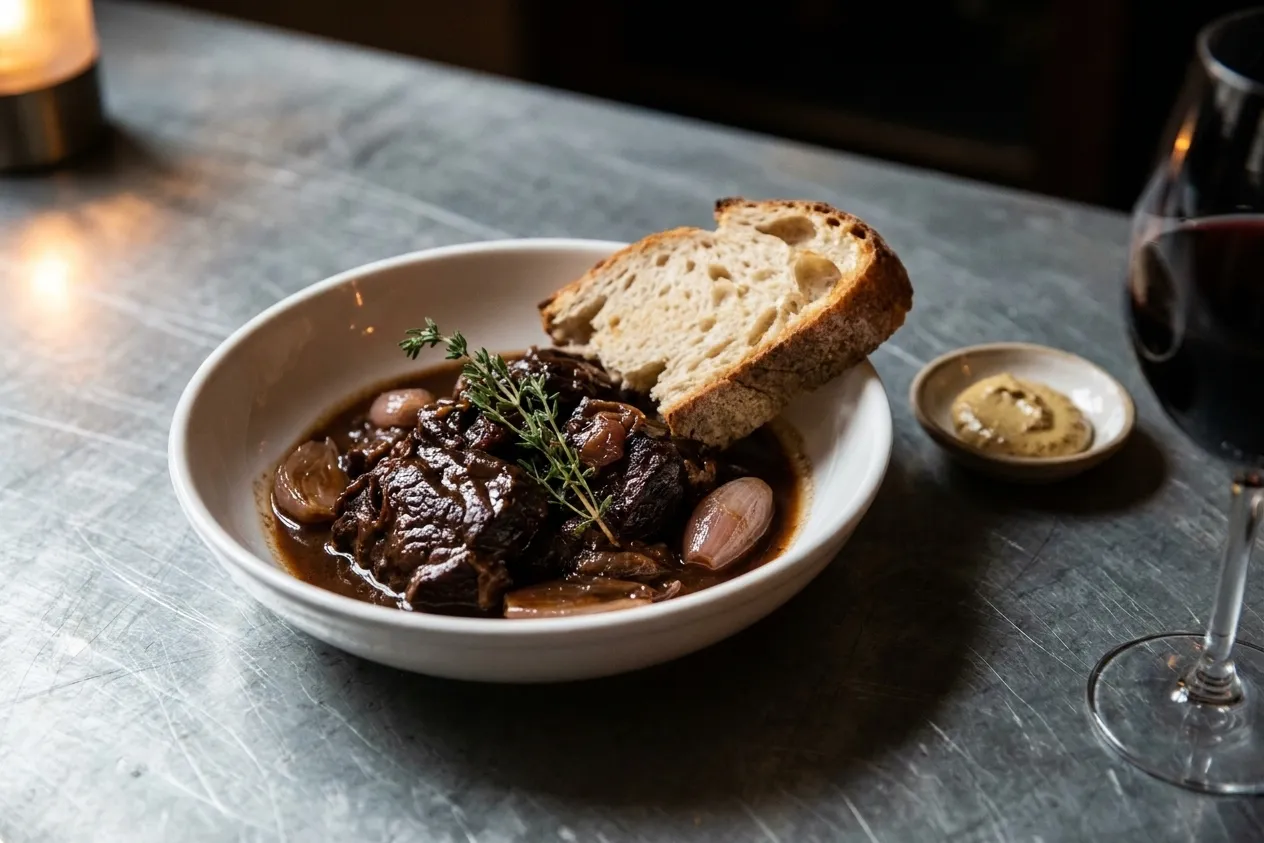 A deep bowl of braised meat in dark sauce with bread on the side, set on a zinc bar top under a single warm light