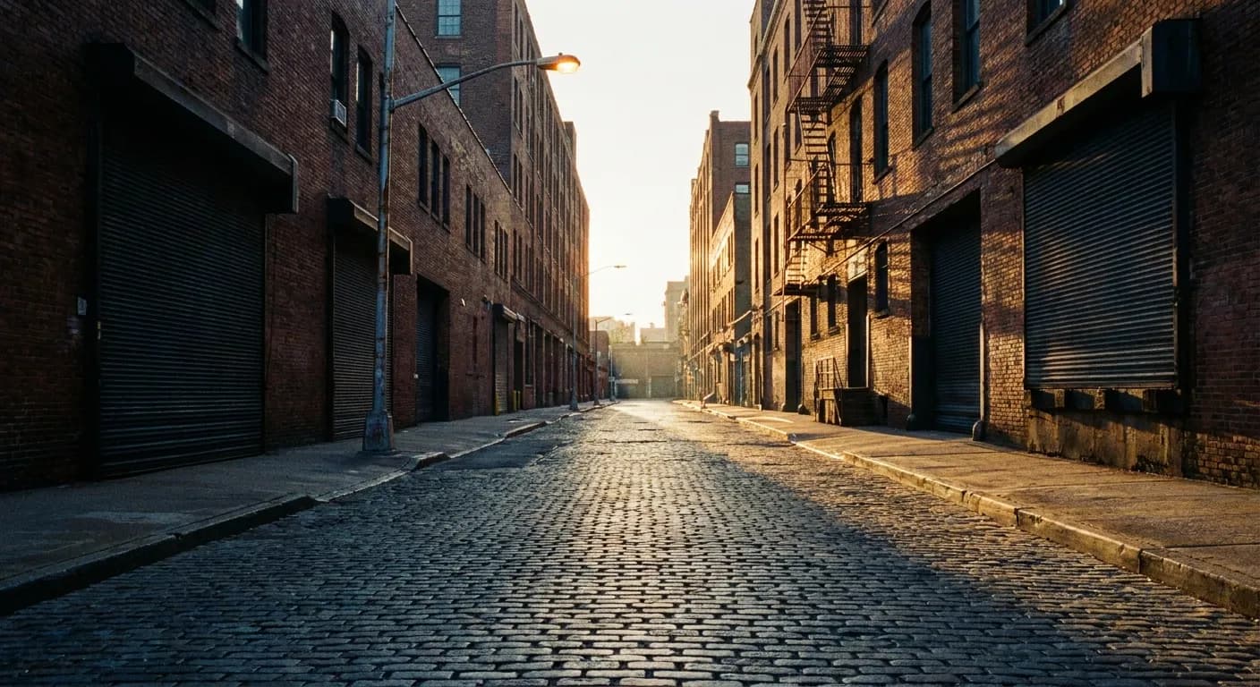 A cobblestone Brooklyn street at dawn with warehouse buildings on both sides