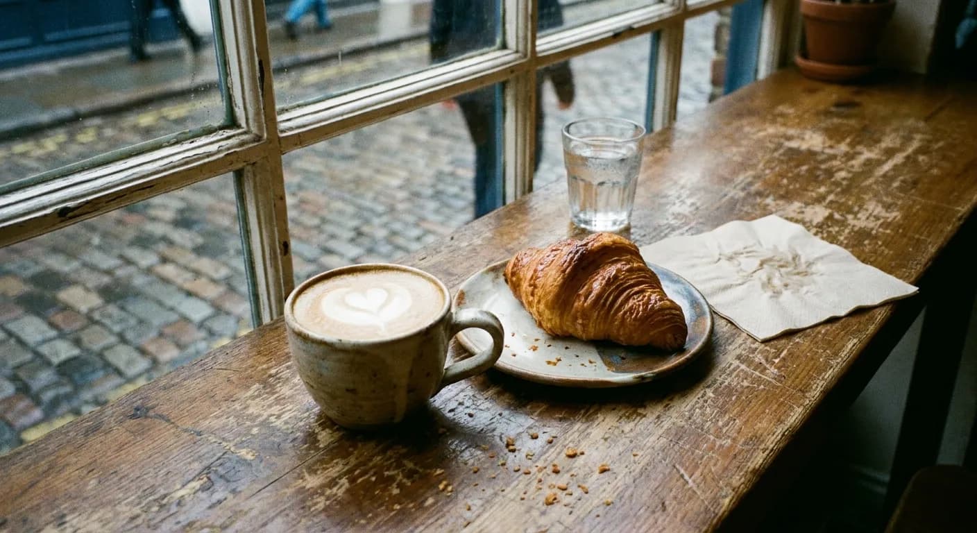 A flat white and a pastry on a worn wooden cafe counter by a window
