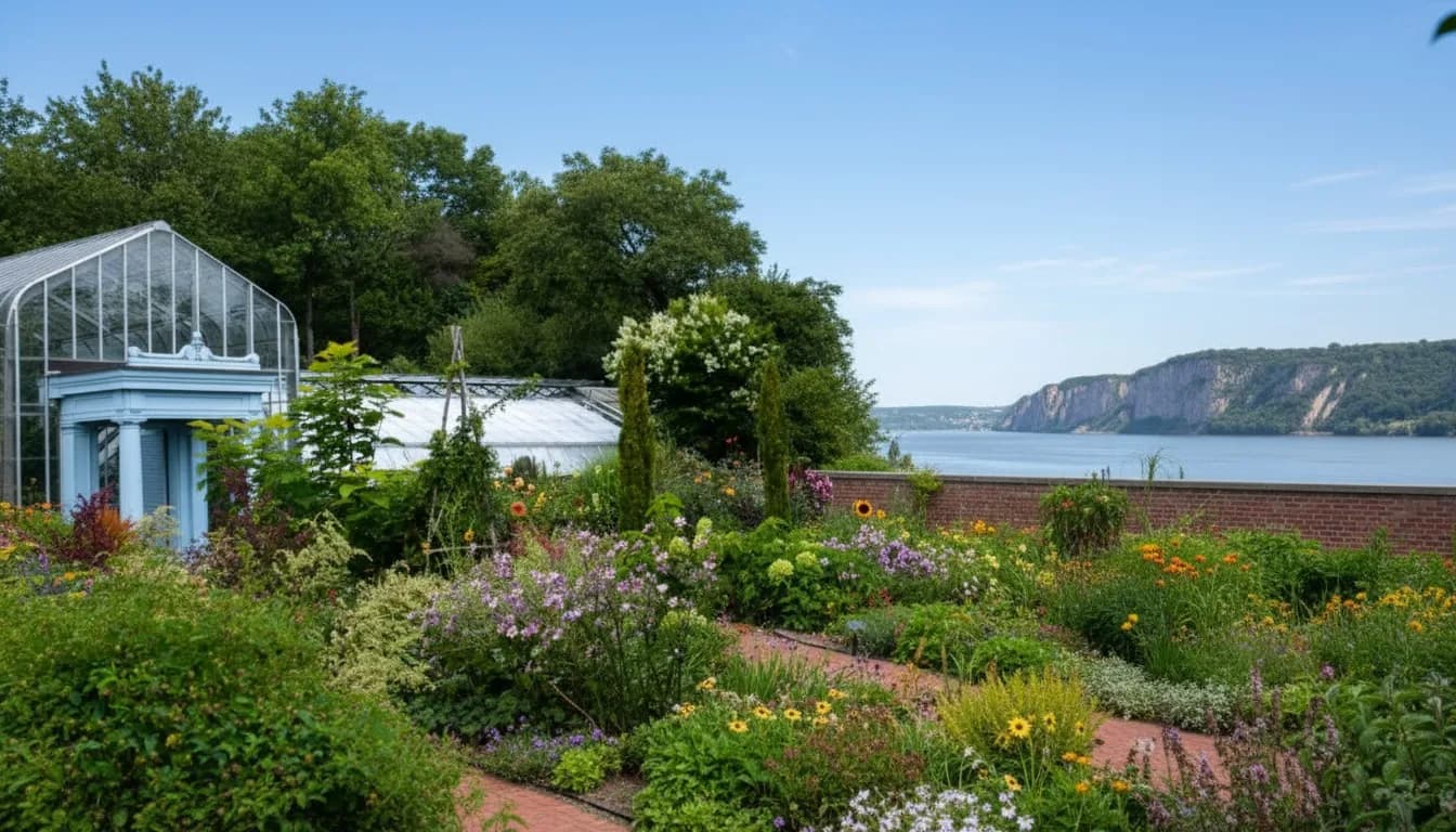 Realistic editorial view of Wave Hill's Glyndor Terrace Garden in New York City