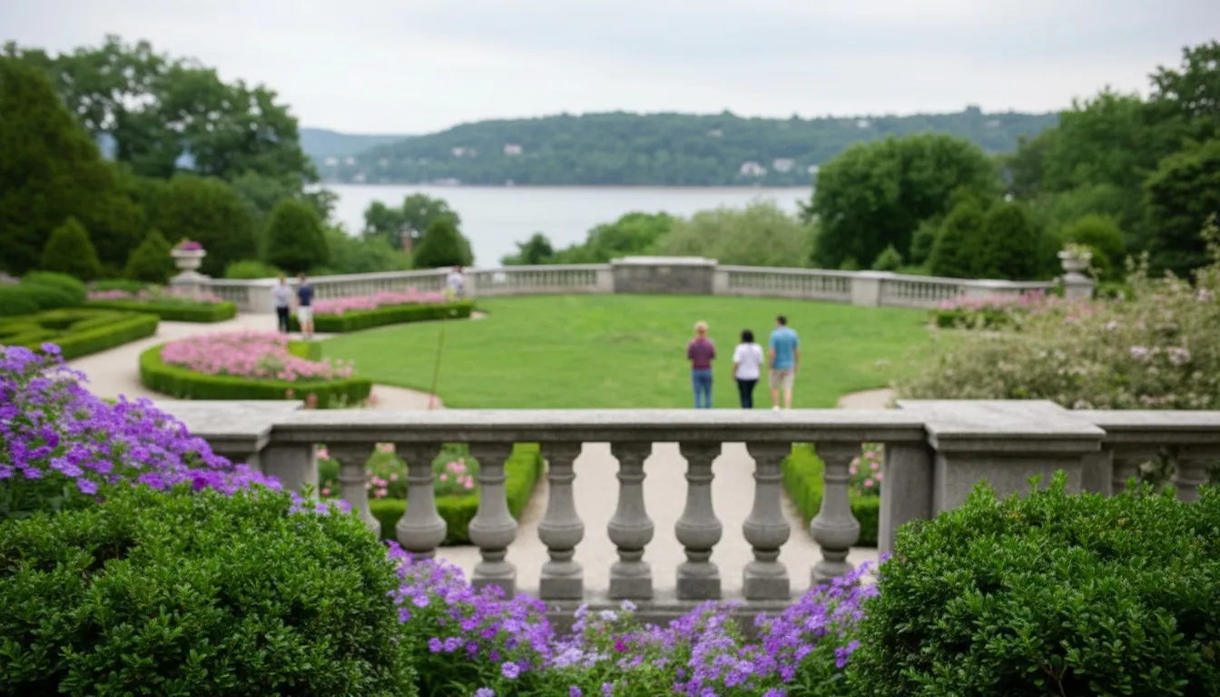 Realistic editorial view of Wave Hill's Glyndor Terrace Garden in New York City